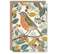 Artery8 Robin Bird Garden Shrub Leaves Bright Painting Birthday Art Card Artery8 Multicolor