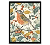 Robin Bird Garden Shrub Leaves Bright Painting Framed Art Print Artery8 Multi A4