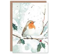 Artery8 Robin Bird Holly Branch Winter Watercolour Christmas Greeting Card in Pale Blue Artery8 Pale Blue