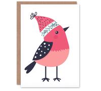 Artery8 Robin Bird With Winter Hat Pink Blue Modern Blank For Him Or Her Art Christmas Card