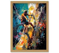 Rock Climber Climbing Multicoloured Mountain Cliff Artwork Framed Wall Art Print A4 Artery8 Light Oak One Size