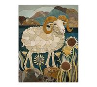 Rocky Mountain Bighorn Sheep Mosaic Floral Wall Art Print Artery8 Brown W24 inch x H32 inch