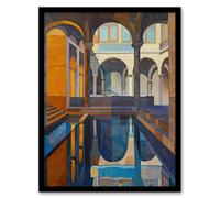 Roman Bath Architecture Water Reflection Painting Framed Art Print Artery8 Multi A4