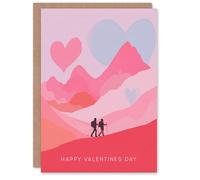 Artery8 Romantic Pink Mountain Landscape With Two Hikers Valentine's Day Card