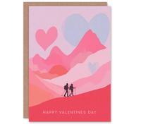 Artery8 Romantic Pink Mountain Landscape With Two Hikers Valentine's Day Card