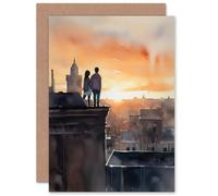 Artery8 Rooftop Romance Sunset Blue for Wife Her Anniversary Valentines Day Love Blank Art Greeting Card