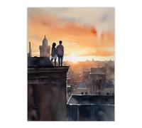 Wall Art Print Rooftop Romance Watercolour Painting Blue Orange Couple Watching City Sunset Bedroom Art Poster Artery8 Orange W24 inch x H32 inch