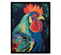 Artery8 Rooster Hen Cock Chicken Artwork In Blue Red Vibrant Bold Bright Colourful Painting Artwork Framed Wall Art Print 18X24 Inch