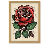 Artery8 Rose Bloom Bud Old School USA Tattoo Ink Body Art Rockabilly Americana 50s Artwork Framed Wall Art Print A4