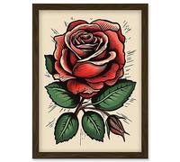 Artery8 Rose Bloom Bud Old School USA Tattoo Ink Body Art Rockabilly Americana 50s Artwork Framed Wall Art Print A4