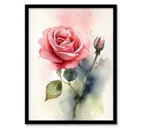 Artery8 Rose Bloom Flower Soft Watercolour Painting Green Pink Single Bloom With Bud Elegant Spring Romance Nature Colourful Bright Floral Modern Artwork Art Print Framed Poster Wall Decor 12x16 inch
