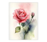Artery8 Rose Bloom Flower Soft Watercolour Painting Green Pink Single Bloom With Bud Elegant Spring Romance Nature Colourful Bright Floral Modern Artwork Unframed Wall Art Print Poster Home Décor