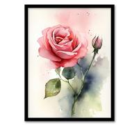 Artery8 Rose Bloom Flower Soft Watercolour Painting Green Pink Single Bloom With Bud Elegant Spring Romance Nature Colourful Bright Floral Modern Artwork Artwork Framed Wall Art Print A4