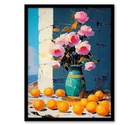 Artery8 Rose Flower Bouquet Vase and Oranges Still Life Kitchen Artwork Framed Wall Art Print 18X24 Inch