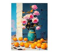 Artery8 Rose Flower Bouquet Vase & Oranges Still Life Wall Art Print in Pink | Size: W18" x H24" Artery8 Pink W18" x H24"