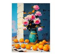 Artery8 Rose Flower Bouquet Vase & Oranges Still Life Wall Art Print in Pink | Size: W12" x H16" Artery8 Pink W12" x H16"