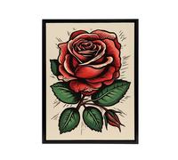 Artery8 Rose Flower Old School USA Rockabilly Tattoo Framed Canvas Wall Art Print in Red | Size: W18" x H24" Artery8 Red W18" x H24"