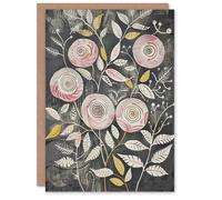 Artery8 Greeting Card Rose Flowers Pink Grey Folk Art Patterns Blank For Her Woman Birthday Card