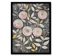 Artery8 Rose Flowers Pink Grey Folk Art Patterns Framed Art Print | Size: W12" x H16" Artery8 Grey W12" x H16"