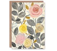 Artery8 Rose Flowers Pink Yellow Grey Bright Design Birthday Art Card Artery8 Grey