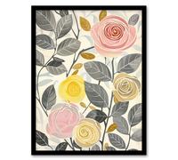 Rose Flowers Pink Yellow Grey Bright Design Framed Art Print Artery8 Grey A4