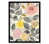 Artery8 Rose Flowers Pink Yellow Grey Bright Design Wall Art Print - A4 Size