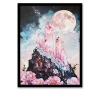 Rose Quartz Crystal Full Moon Fantasy Landscape Framed Art Print Artery8 Pink A4