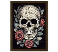 Artery8 Roses Skull Old School USA Tattoo Ink Body Art Rockabilly Americana 50s Artwork Framed Wall Art Print A4