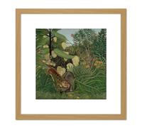 Artery8 Rosseau Fight Between A Tiger & A Buffalo 1908 8X8 Inch Square Wooden Framed Wall Art Print Picture with Mount in Light Oak Artery8 Light Oak