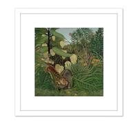 Artery8 Rosseau Fight Between A Tiger & A Buffalo 1908 8X8 Inch Square Wooden Framed Wall Art Print Picture with Mount in White Artery8 White