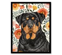 Artery8 Rottweiler Dog Lover Bright Floral Pet Portrait Framed Wall Art | Size: A4 Artery8 Multicolor A4