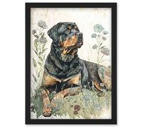 Artery8 Rottweiler Dog Lying In Wildflowers Bright Watercolour Illustration Wall Art Print - A4 Size