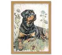 Artery8 Rottweiler Dog Lying in Wildflowers Bright Watercolour Illustration Artwork Framed Wall Art Print A4 in Light Oak Artery8 Light Oak
