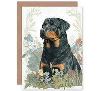 Artery8 Rottweiler Dog Sitting in Flower Field Modern Watercolour Illustration Art Birthday Sealed Greeting Card Plus Envelope Blank inside
