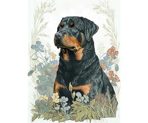Artery8 Rottweiler Dog Sitting in Flower Field Modern Watercolour Illustration Extra Large XL Wall Art Poster Print