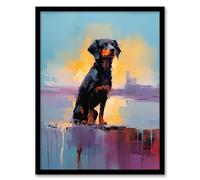 Artery8 Rottweiler Puppy Beach Sunrise Dog Portrait Artwork Framed Wall Art Print 18X24 Inch