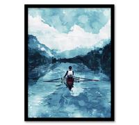 Artery8 Rowing Boat Blue Watercolour Coastal Landscape Framed Art Print | Size: A4 Artery8 Blue A4