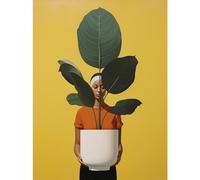 Artery8 Rubber Tree Showcase Realistic Oil Painting Yellow Orange Green Woman with Plant Pot Minimalist Artwork Unframed Wall Art Print Poster Home Decor Premium