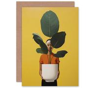 Artery8 Rubber Tree Woman With Plant Gardening Lover Birthday Greeting Card in Yellow Artery8 Yellow