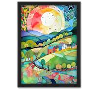 Artery8 Rural Landscape English Countryside Sunrise Folk Art Watercolour Painting Artwork Framed Wall Art Print A4 in Black Artery8 Black