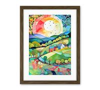 Artery8 Rural Landscape English Countryside Sunrise Folk Art Watercolour Painting Artwork Framed Wall Art Print 18X24 Inch