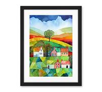 Artery8 Rural Landscape Rainbow Countryside Folk Art Watercolour Painting Artwork Framed Wall Art Print 18X24 Inch