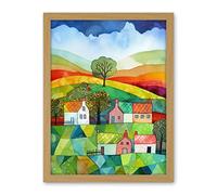 Artery8 Rural Landscape Rainbow Countryside Folk Art Watercolour Painting Artwork Framed Wall Art Print 18X24 Inch