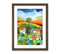 Artery8 Rural Landscape Rainbow Countryside Folk Art Watercolour Painting Artwork Framed Wall Art Print 18X24 Inch