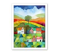 Artery8 Rural Landscape Rainbow Countryside Folk Art Watercolour Painting Artwork Framed Wall Art Print 18X24 Inch