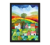 Artery8 Rural Landscape Rainbow Countryside Folk Art Watercolour Painting Artwork Framed Wall Art Print 18X24 Inch