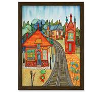 Artery8 Rural Train Station Folk Art Artwork Framed Wall Art Print A4