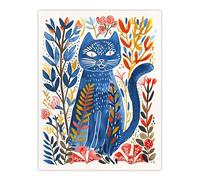 Russian Blue Cat Lover Fun Botanical Folk Art Wall Art Print Artery8 Blue W24 inch x H32 inch