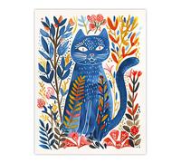 Russian Blue Cat Lover Fun Botanical Folk Art Wall Art Print Artery8 Blue W24 inch x H32 inch
