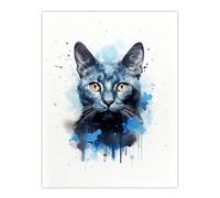 Artery8 Russian Blue Cat Lovers Gift Watercolour Pet Portrait Painting Artwork Extra Large XL Wall Art Poster Print